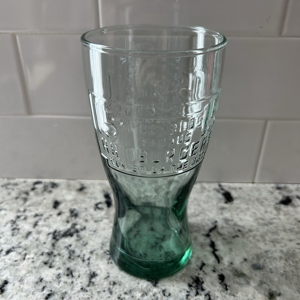 McDonalds Drink Green Glass 15¢ Hamburgers Buy Em By The Bag Drink Glass